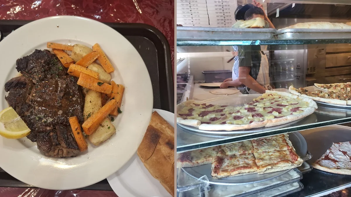 Classic pizzeria interior with counter service.