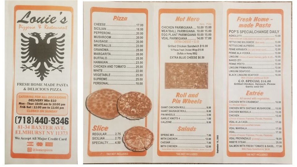 Menu-style spread of pizza, pasta, and sides.